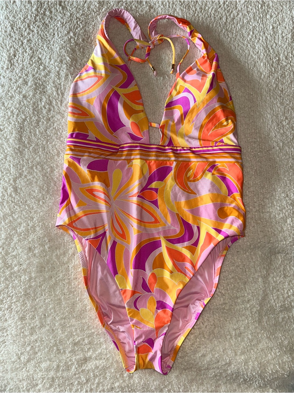 Sunshine 79 Retro Floral Halter One Piece Swimsuit Pink Orange Plunge Size S